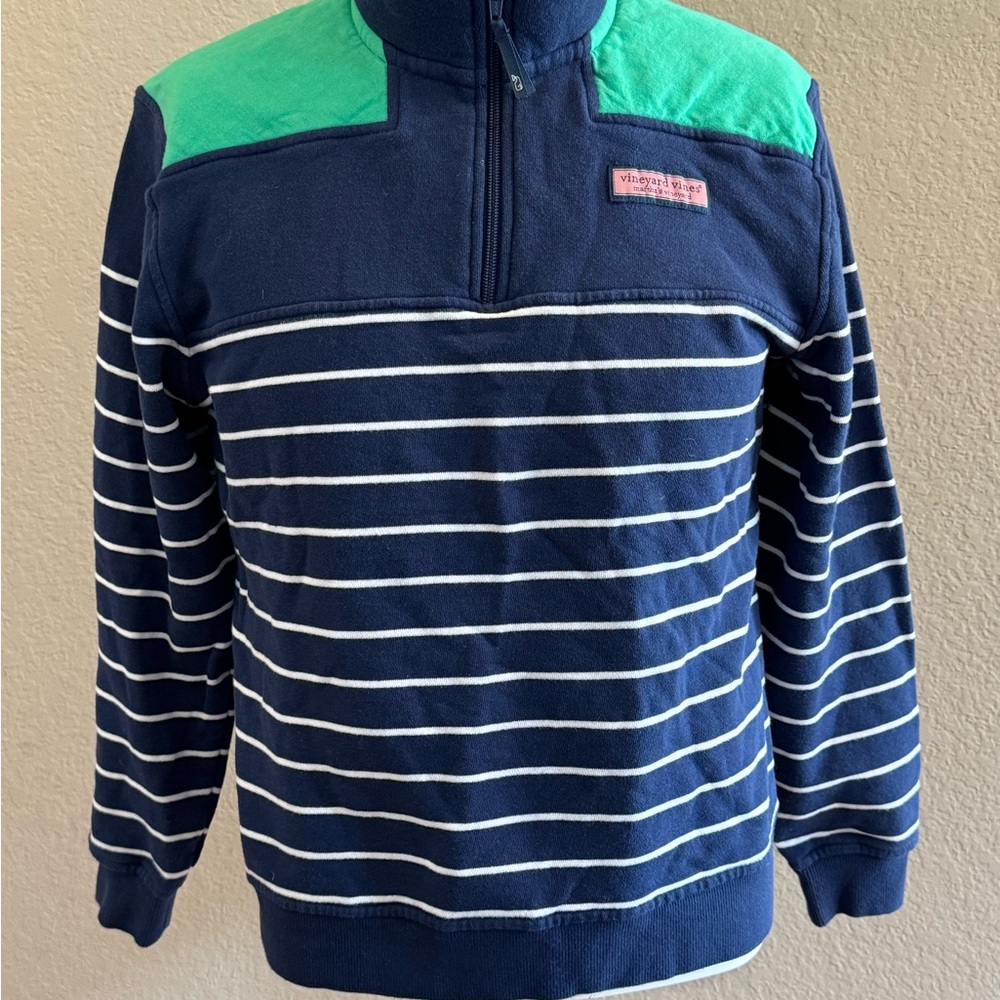 Vineyard Vines Navy Green Striped Quarter-Zip Sweater boys Xl‎